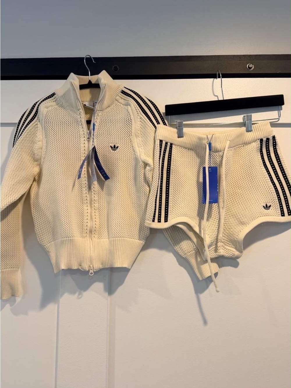 adidas Cream Knit Zip Jacket and Drawstring Shorts with Black Stripes